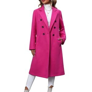 Women’s Hot Pink Long Sleeve Double Breasted Lapel Collar Frenchy Pea Cost SZ XS